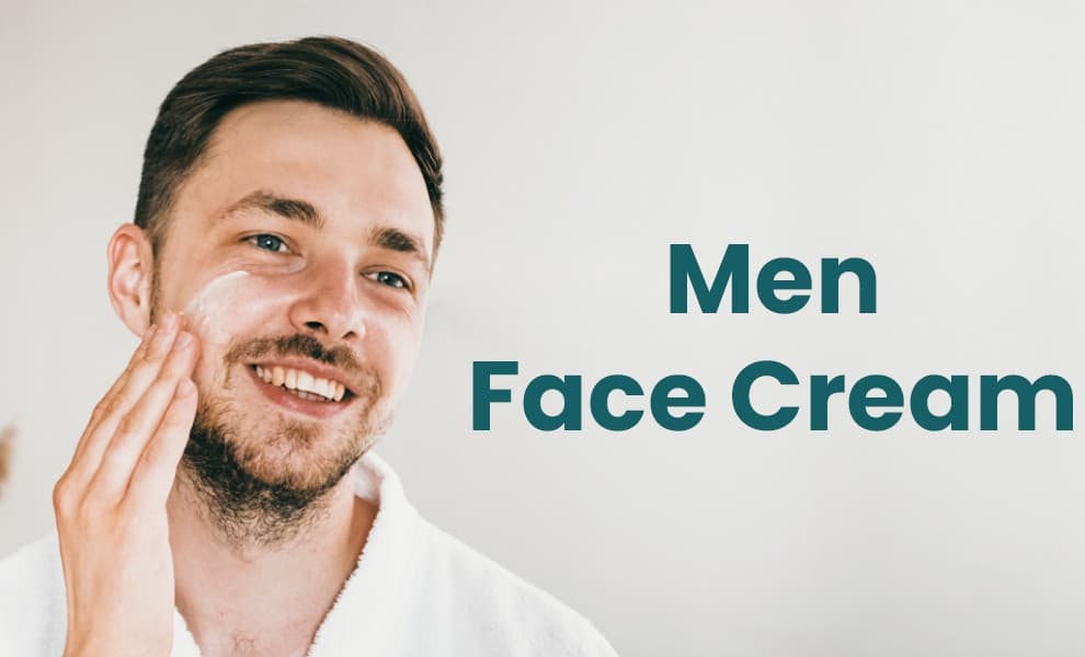 Men’s face cream, Moisturizing cream for men, Men’s skincare cream for smooth, healthy skin, Men’s face cream jar on white background, Applying moisturizing face cream for men