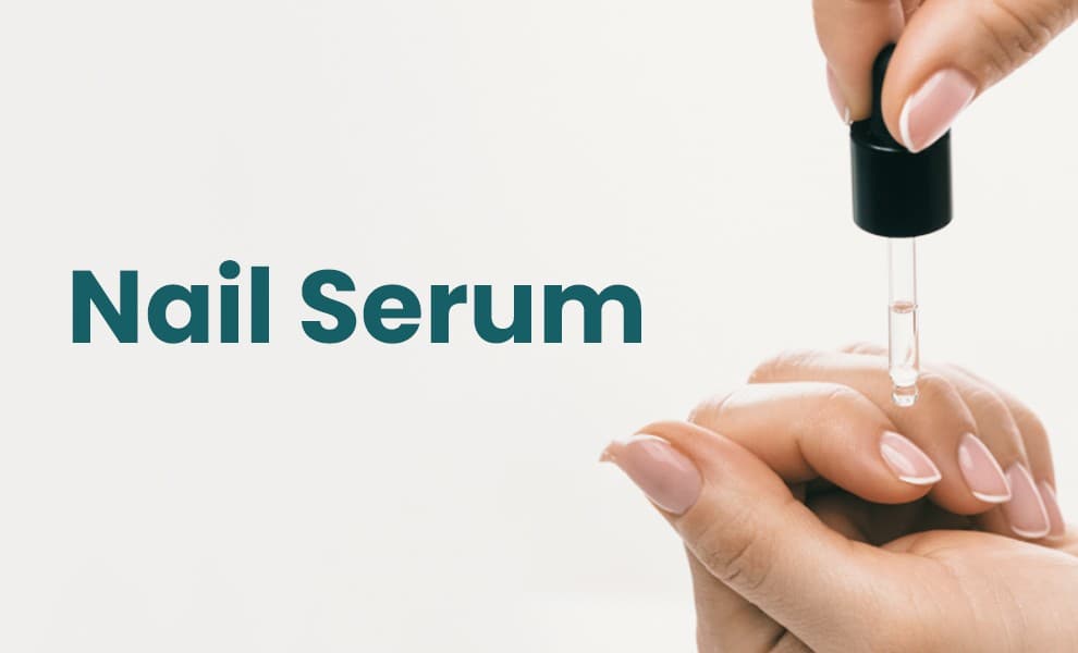 Nail serum bottle on white background, Applying nail serum to nails and cuticles, Healthy nails after using nail serum