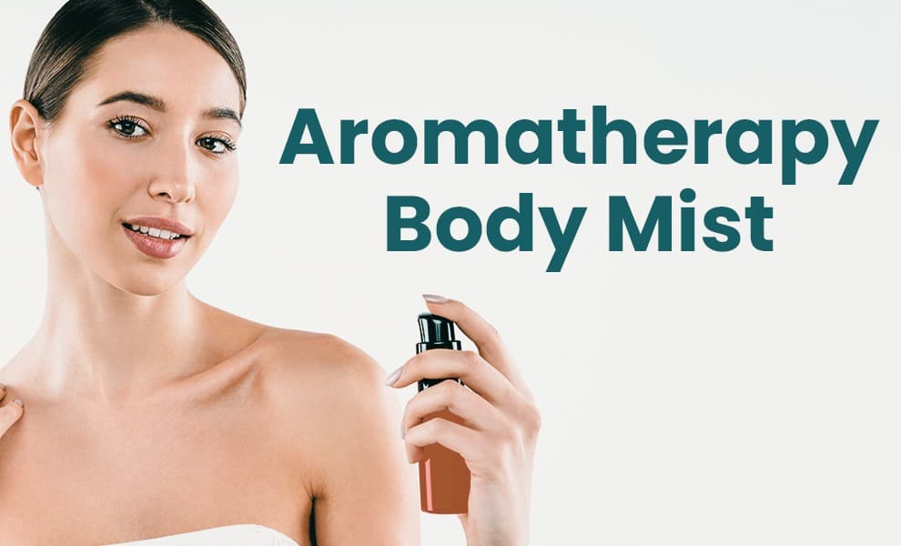 Refreshing aromatherapy body mist, Woman spraying body mist, Relaxing scented body spray, Aromatherapy fragrance body mist, Soothing essential oil mist