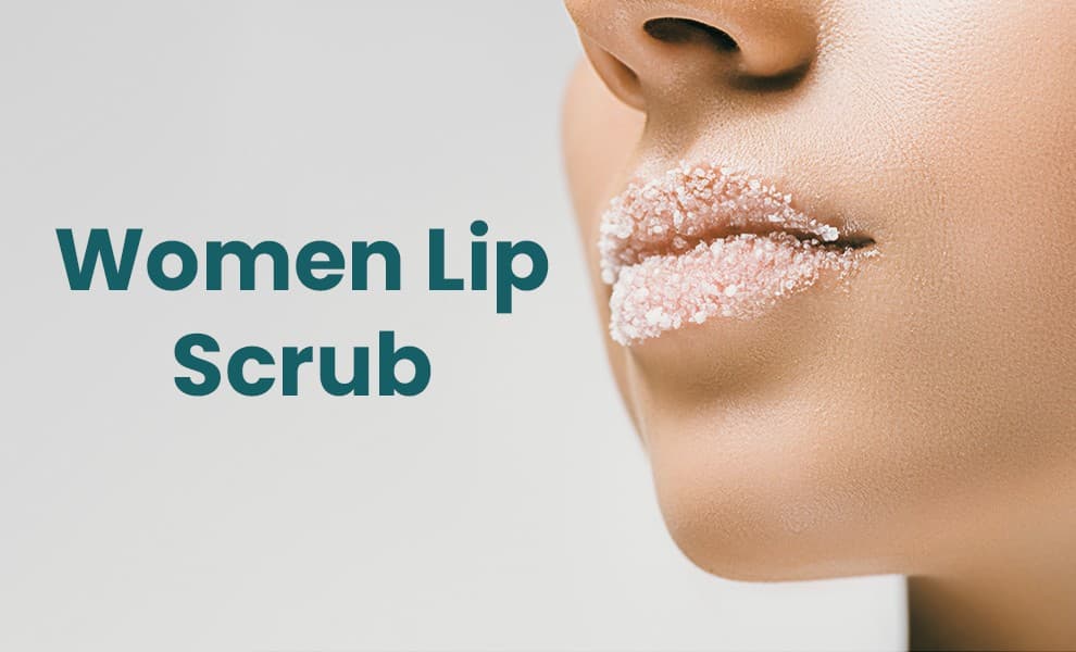 Woman applying lip scrub, Natural lip exfoliating scrub, Moisturizing lip care product, Sugar lip scrub jar, Soft pink lip exfoliator