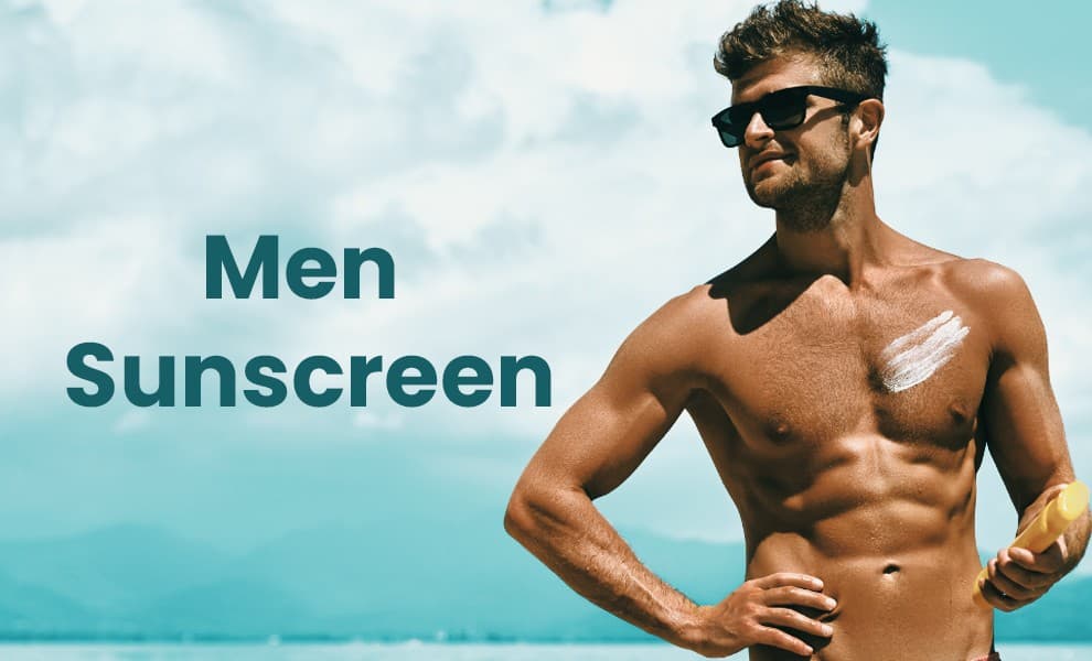 Men’s sunscreen, SPF cream for men, Men’s sunscreen tube on white background, Applying sunscreen to men’s face before going out, Men’s daily sunscreen for UV protection